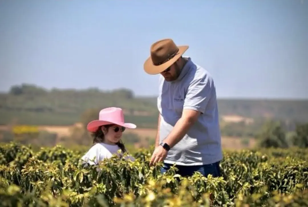 Jander e filha Mariana observando a lavoura de café