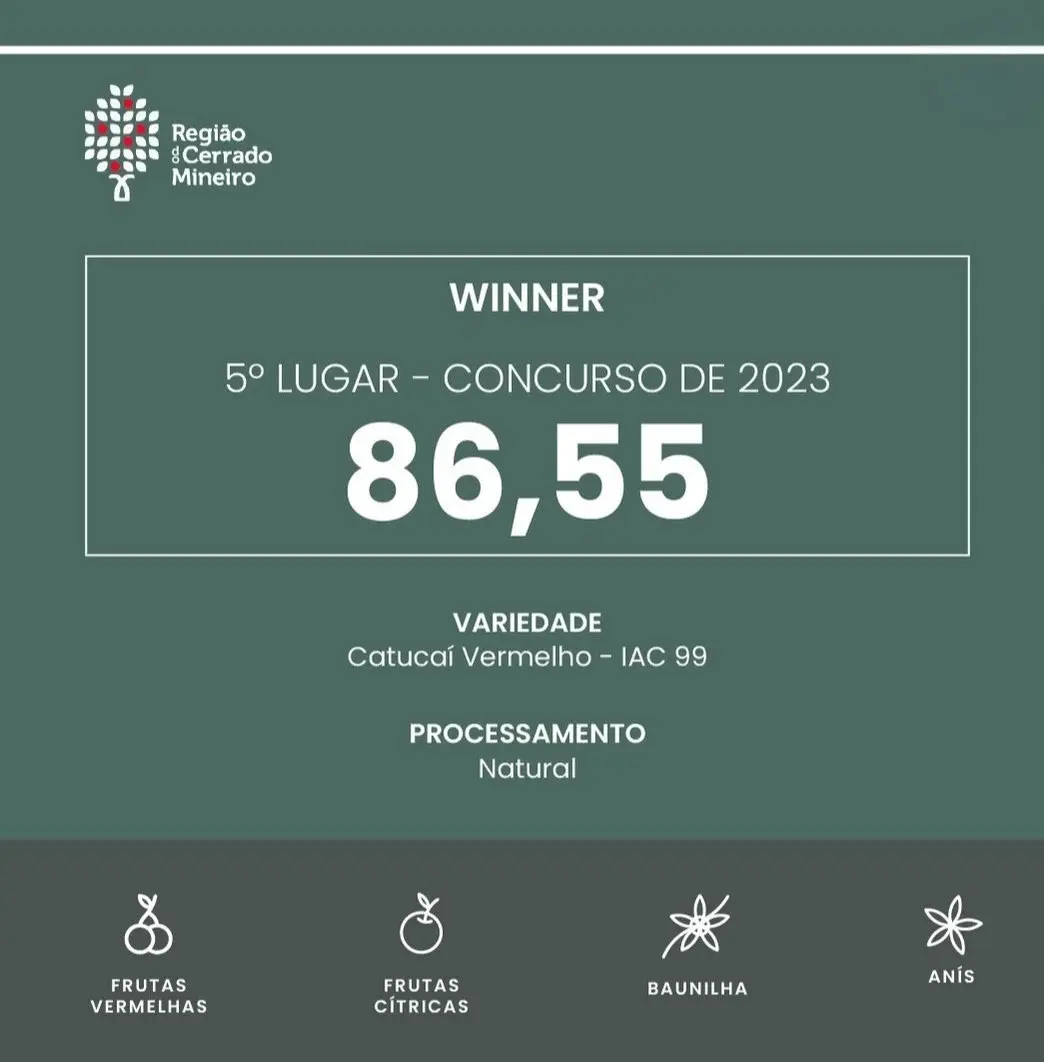 Certificado do 11º Prêmio Região do Cerrado Mineiro — 5º lugar com 86,55 pontos, variedade Catucaí Vermelho IAC 99, processamento Natural